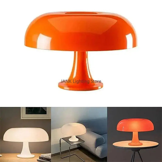 Vibrant orange glossy mushroom table lamp with sleek tapered base ideal for modern bedroom led lighting