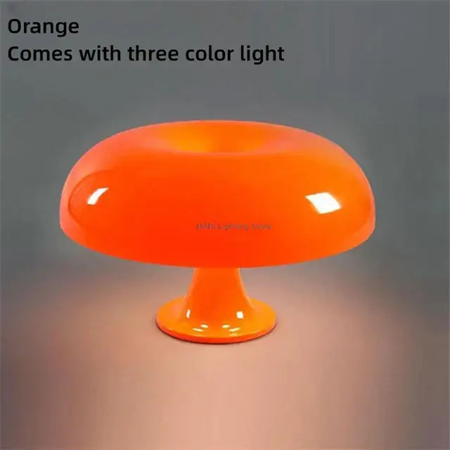 Modern glossy orange mushroom table lamp with led three-color lighting ideal for bedroom use