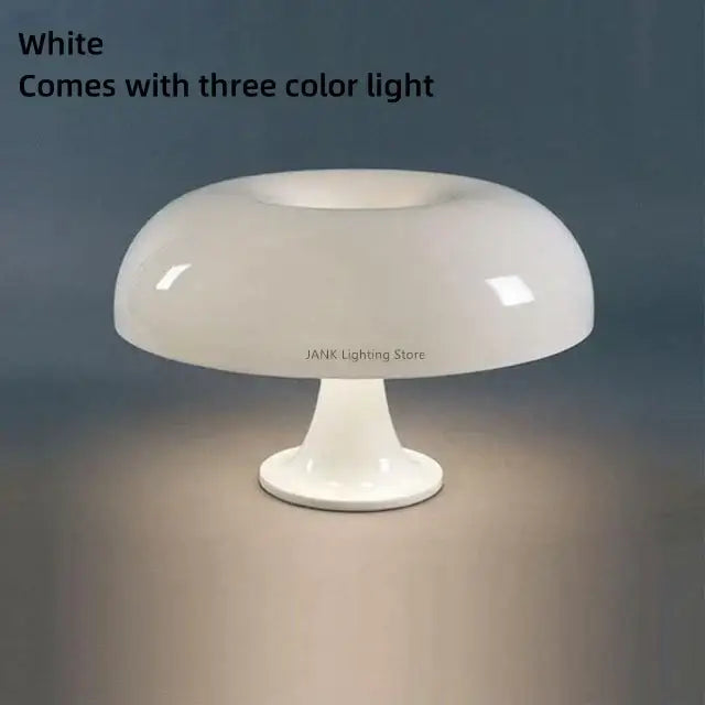 White glossy mushroom table lamp with three color led lighting options for modern bedroom decor