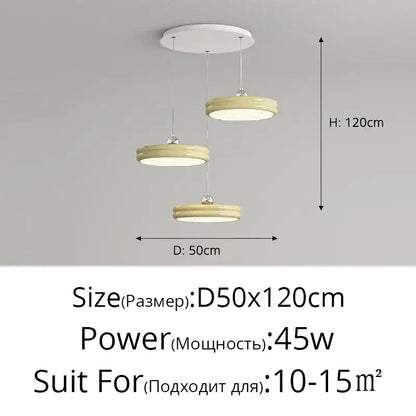 Modern glossy pale yellow circular dimmable pendant light with creamy beige shades and metallic chains for dining room decorbites circular dimmable pendant