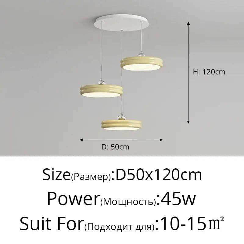 Modern glossy pale yellow circular dimmable pendant light with creamy beige shades and metallic chains for dining room decorbites circular dimmable pendant