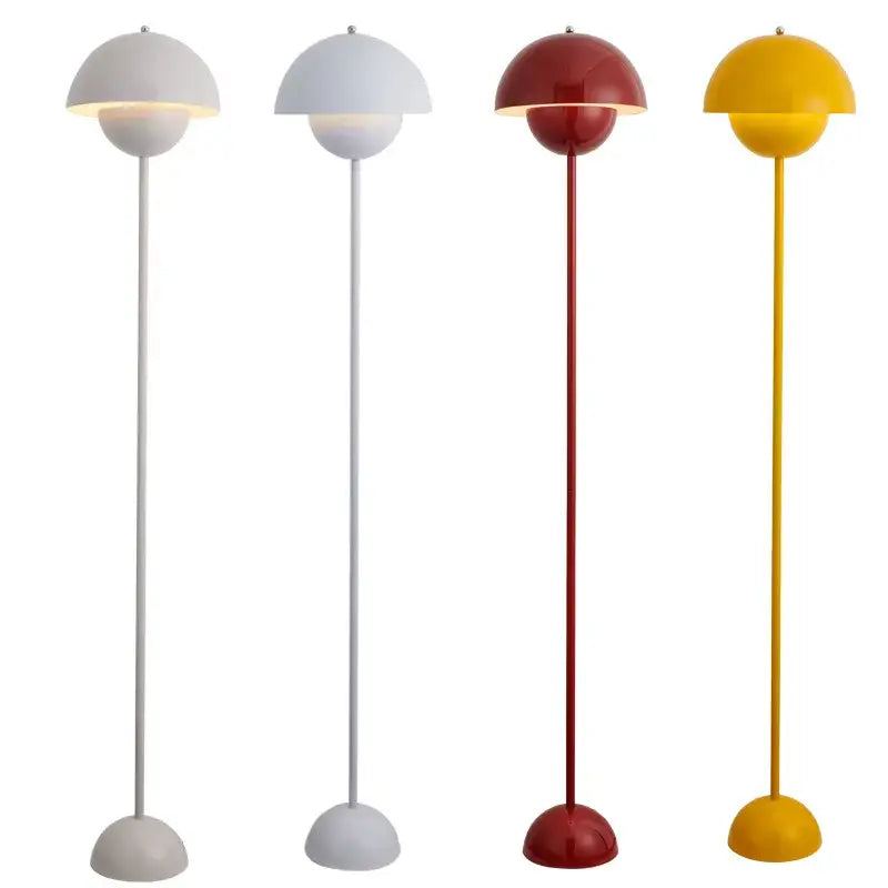 Four e27 led modern floor lamps with glossy red, white, and yellow dome shades in a minimalist living room design