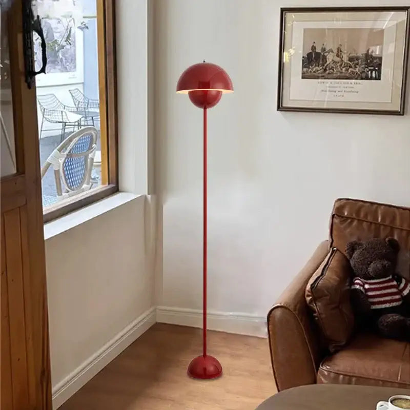 Modern glossy red metallic floor lamp with a distinctive half-sphere shade and slender stem e27 led modern dome light