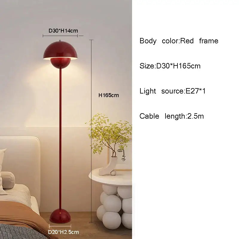 Red metallic floor lamp with sleek dome shade and slender stem featuring e27 led modern lighting for living rooms