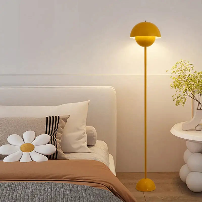 Yellow dome-shaped floor lamp with slender stem and base e27 led modern design for living room lighting