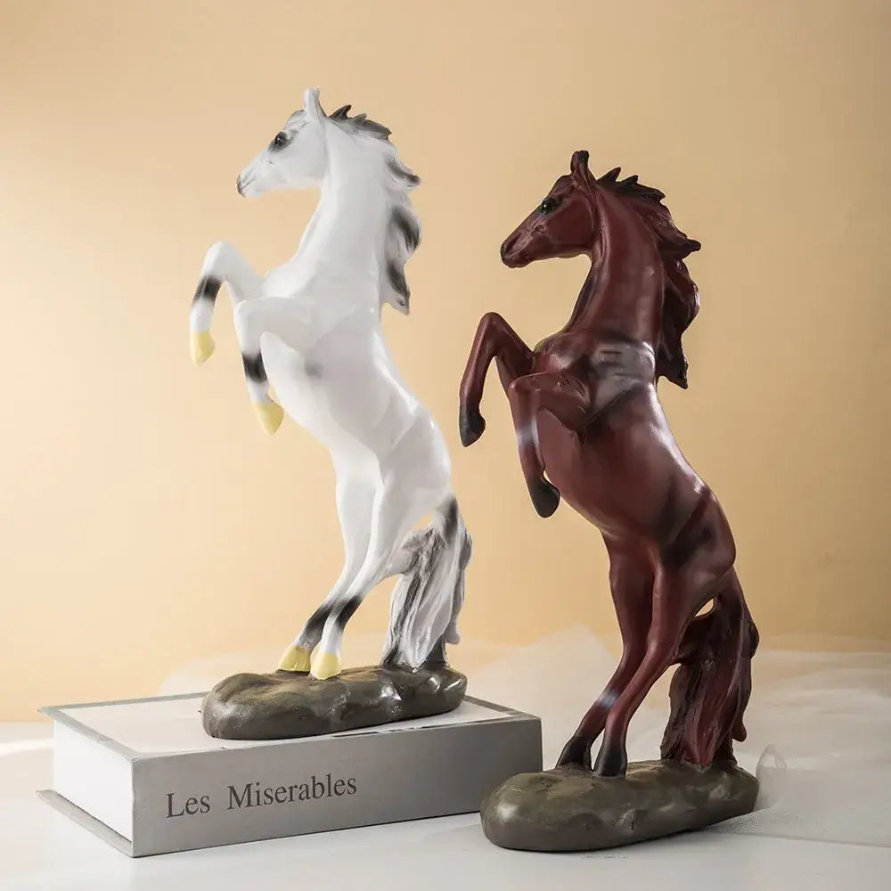 Two modern glossy resin horse statues in white and deep red on rocky bases for living room decorbites horse statue decor