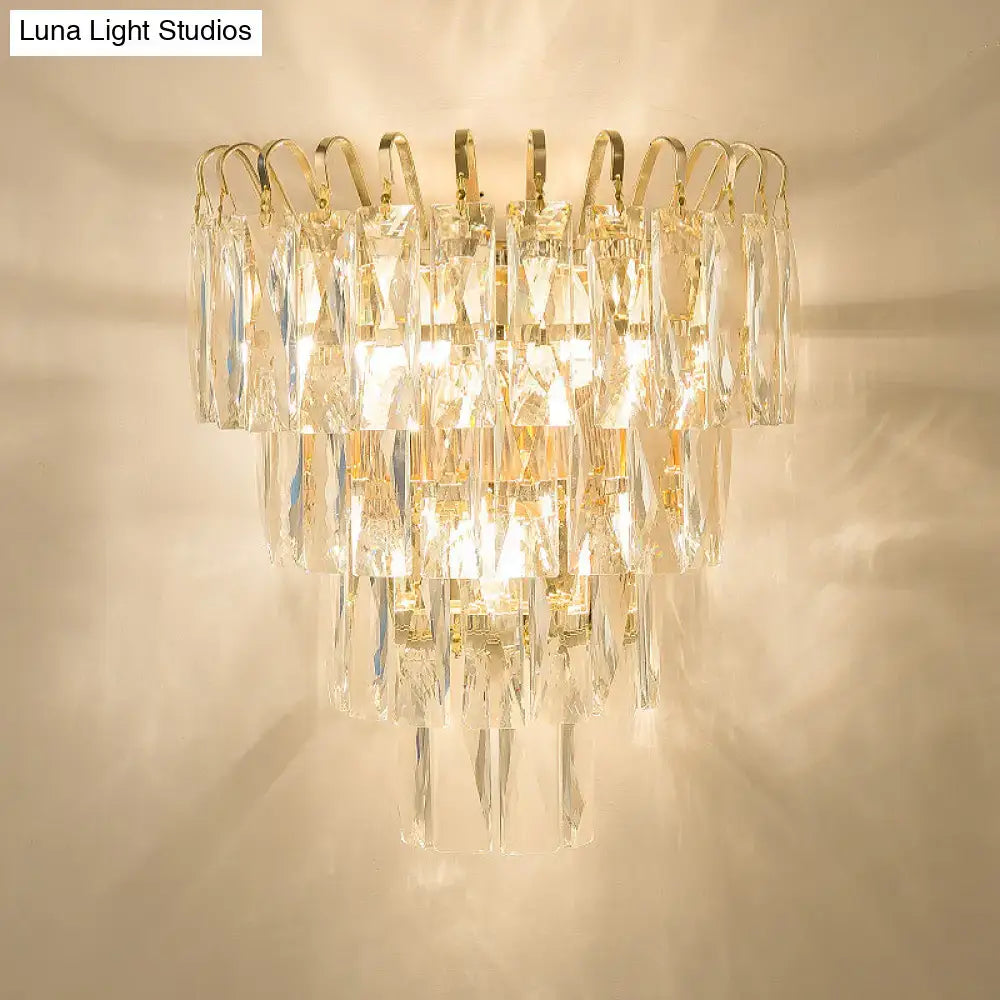 Modern gold tiered crystal chandelier with gold-toned metal arms and faceted prisms for e12 e14 bulb base 220v-240v