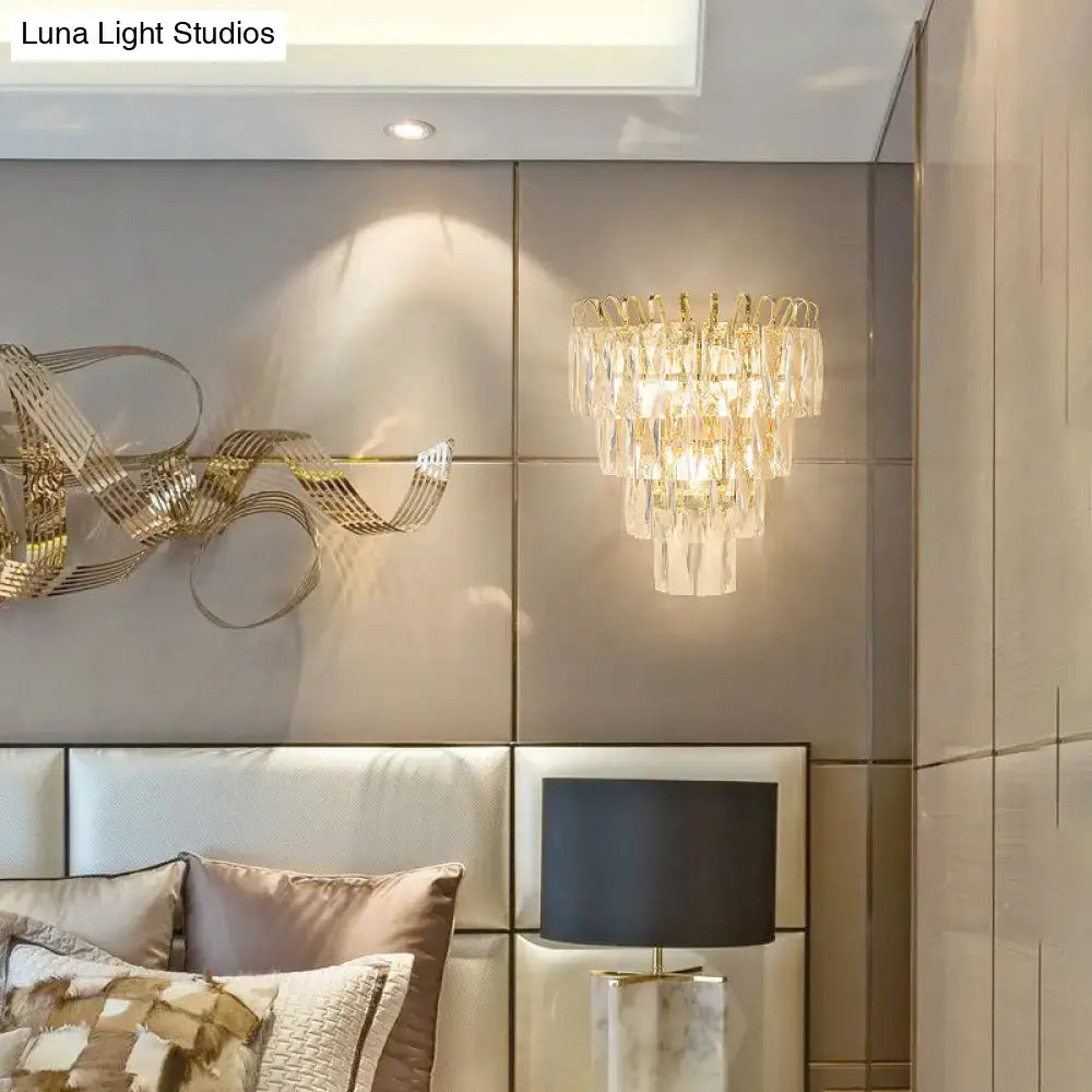 Modern gold 3 head crystal wall sconce with gold-toned metal accents for living room compatible with e12 e14 bulb base 220v-240v