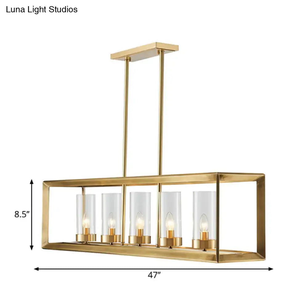 Decorbites gold pendant light with five clear glass cylinders suitable for dining room island lighting