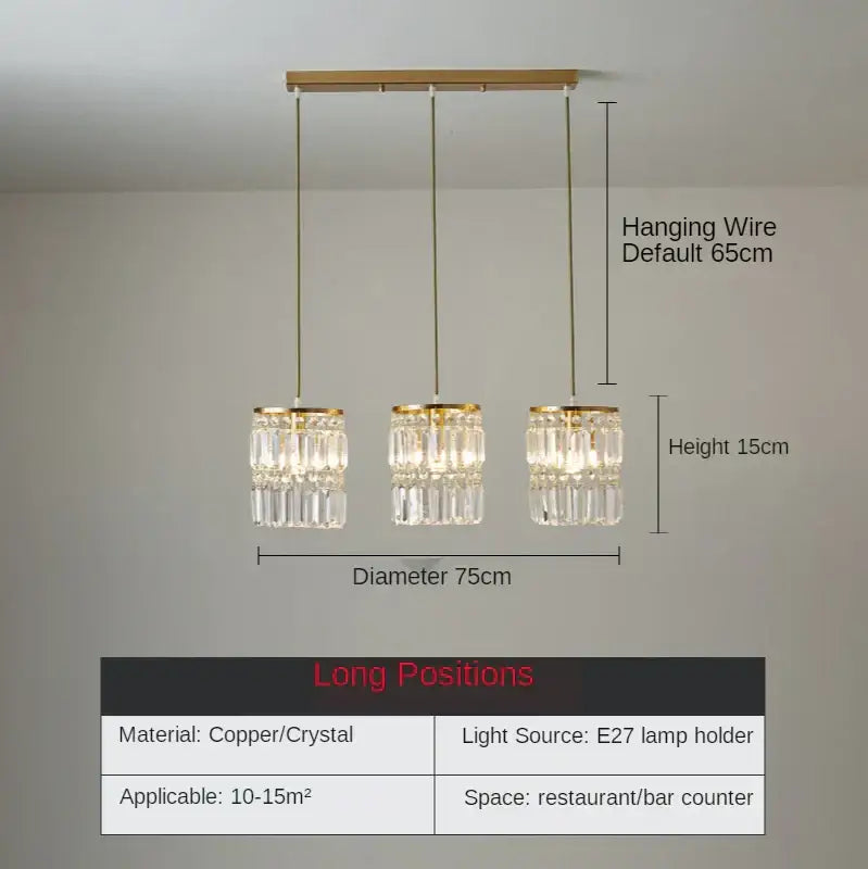 Modern gold 3 tier chandelier pendant light with gold toned copper and clear faceted crystal tiers for dining room