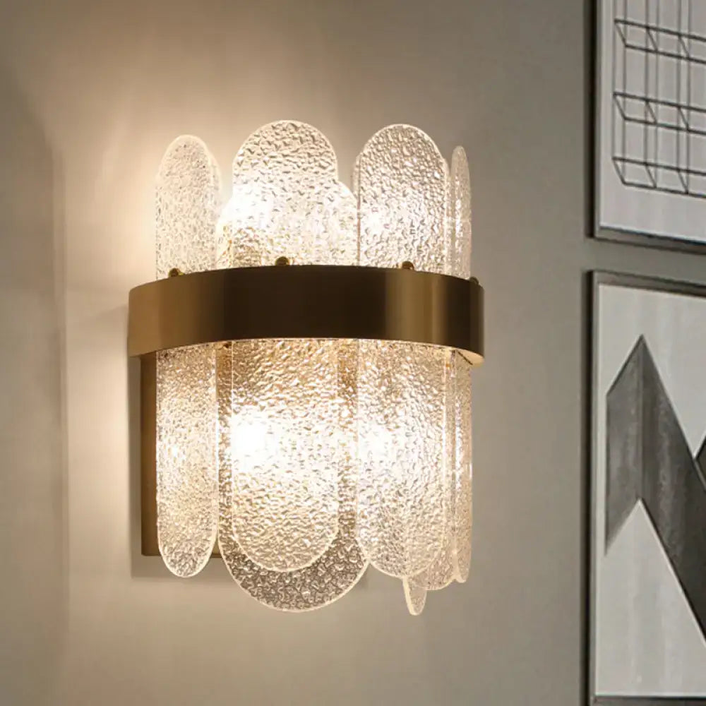 Modern gold 4 head wall lamp with clear hammered glass panels and led light type for elegant bedroom sconce lighting