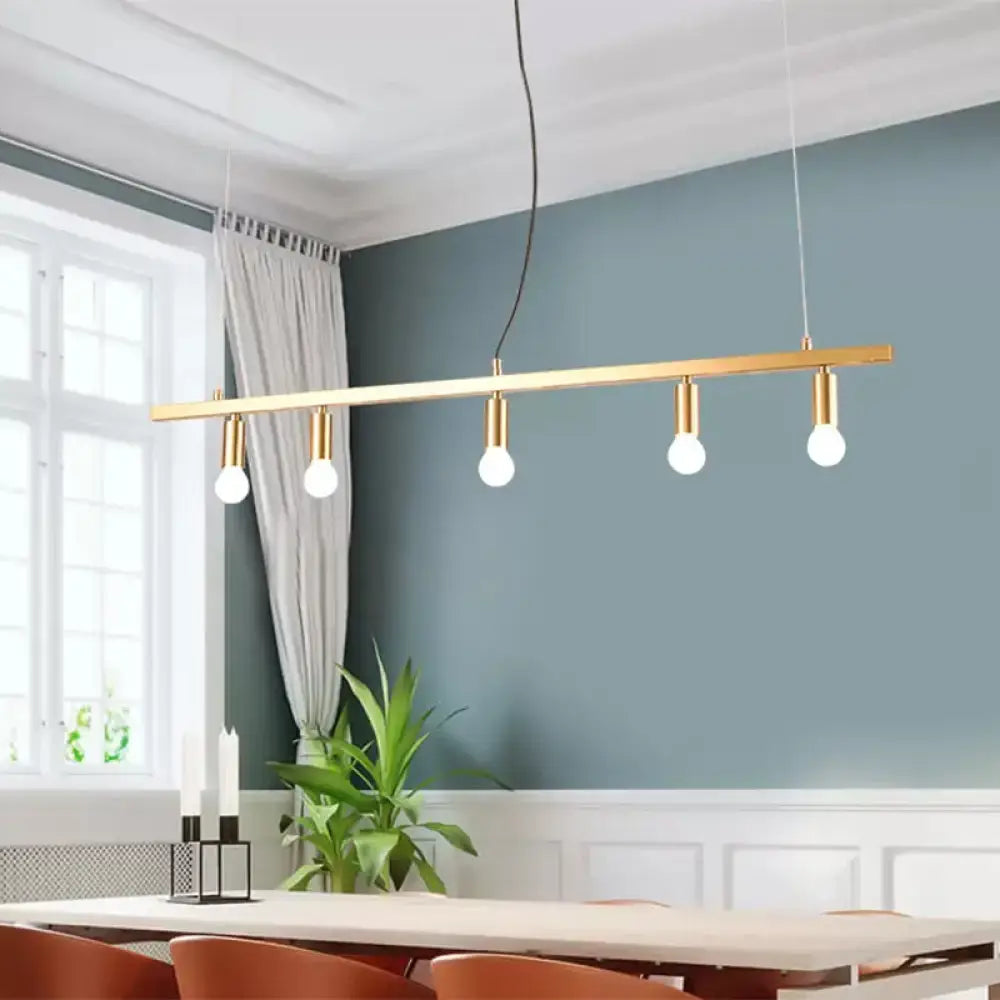 DecorBites modern gold linear pendant light with five open bulb incandescent fluorescent fixtures for restaurants