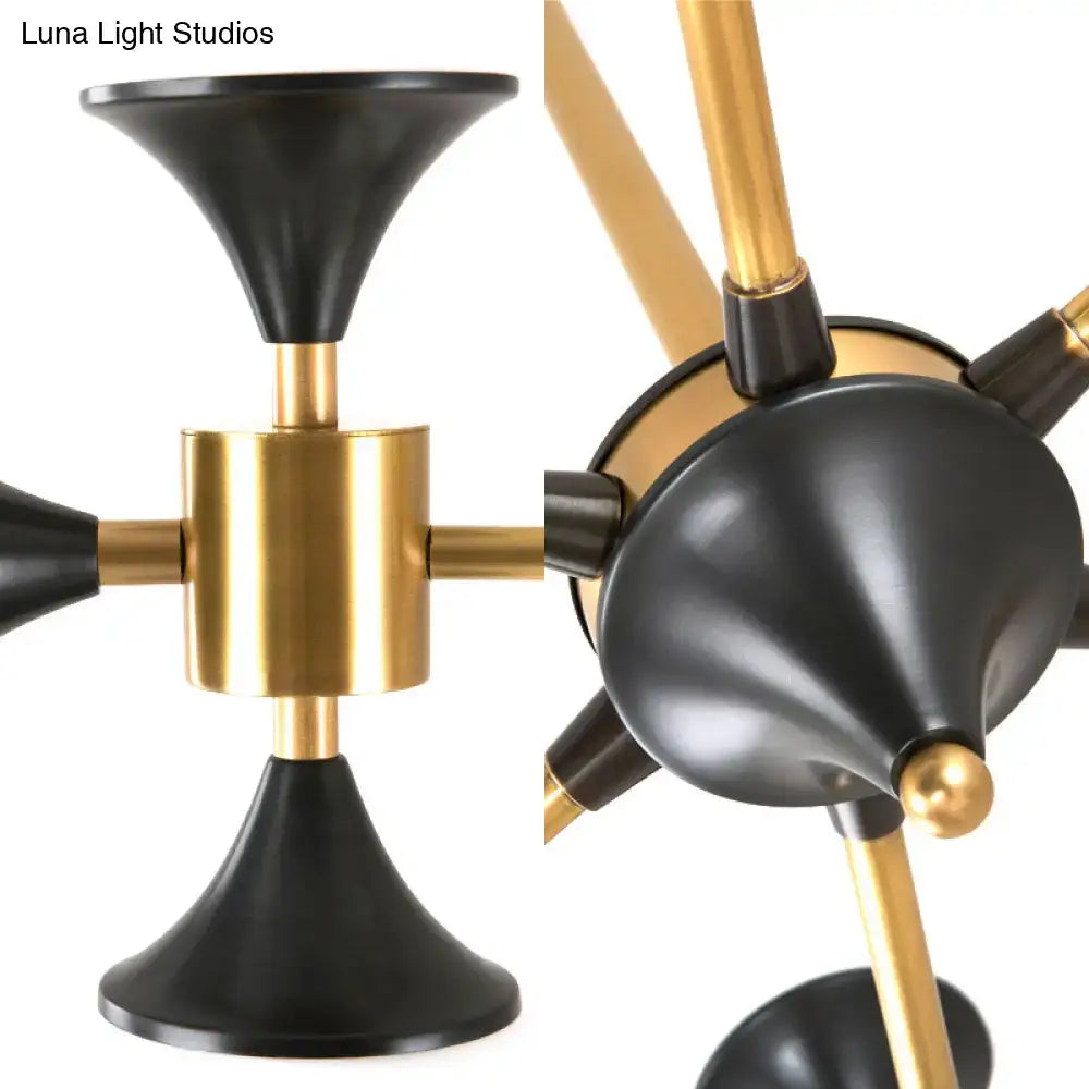 DecorBites™ modern gold metal chandelier with 8 conical globe shades and central hub for island lighting uses led incandescent fluorescent bulbs