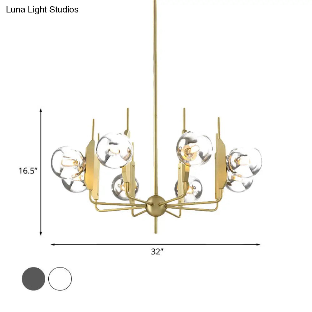 Lámpara de araña moderna dorada de 8 luces con pantallas de cristal blanco leche/gris humo: ideal para la sala de estar