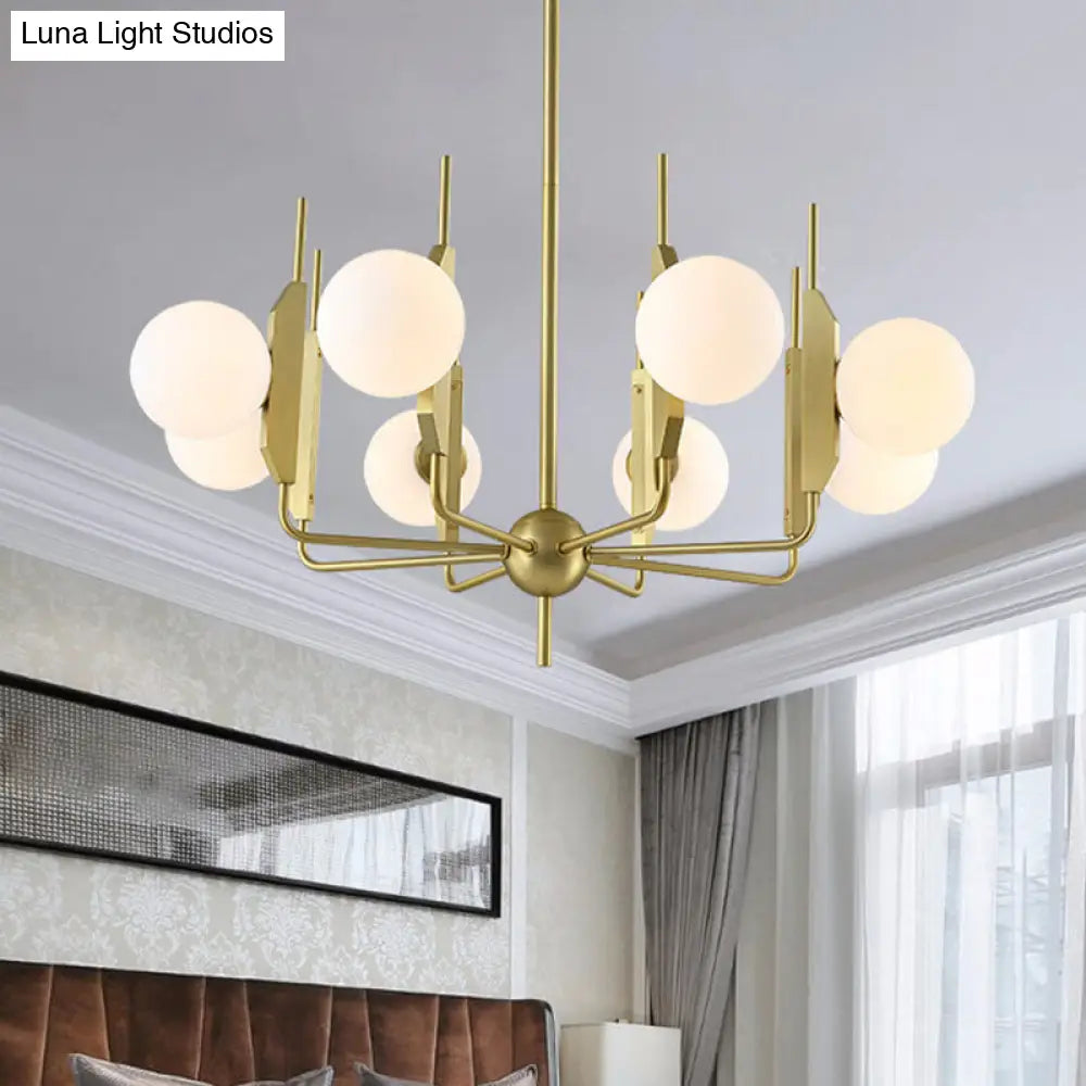 Lámpara de araña moderna dorada de 8 luces con pantallas de cristal blanco leche/gris humo: ideal para la sala de estar