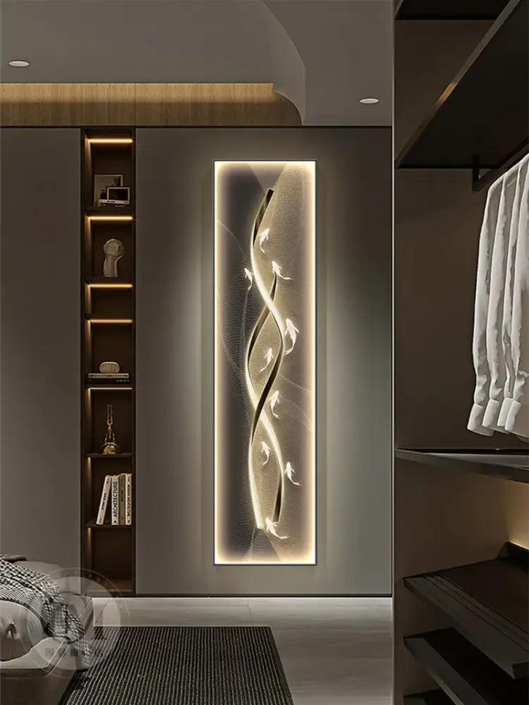 A sleek dimmi modern abstract wall lamp with flowing golden and white lines on a dark background for living room decor