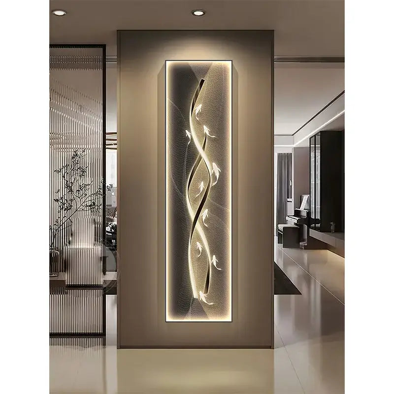 A sleek decorbites dimmi modern wall lamp with glowing golden black abstract design for living room decor