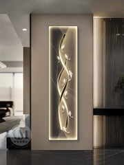 A sleek decorbites dimmi modern wall lamp featuring illuminated gold abstract flowing lines and bird shapes for living room decor