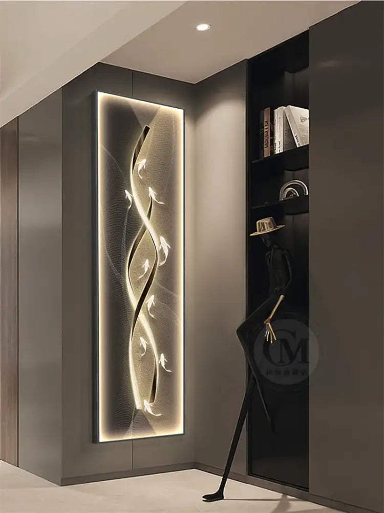A sleek decorbites dimmi modern wall lamp with flowing gold and beige abstract waves softly illuminated by backlight