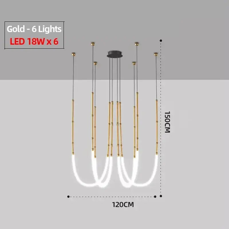 Modern gold acrylic bamboo pendant light with brushed nickel finish featuring six led lights and slender vertical rods