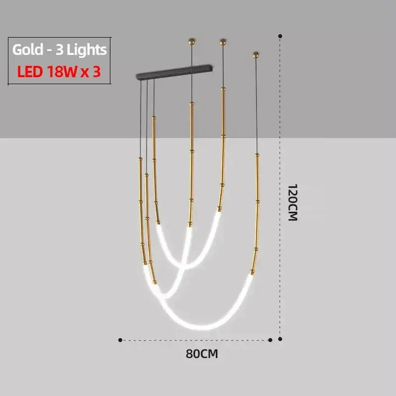 Modern gold acrylic bamboo pendant light with brushed nickel finish featuring three curved led light strands