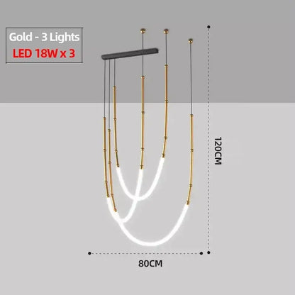 Modern gold acrylic bamboo pendant light with brushed nickel finish featuring three curved led light strands