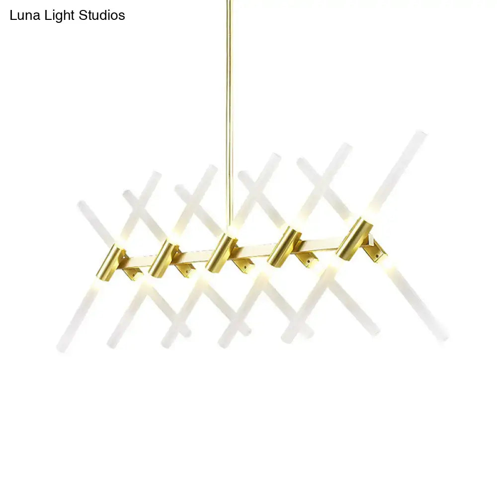 DecorBites contemporary 20-head gold tubular acrylic island light with geometric lattice of white translucent rods