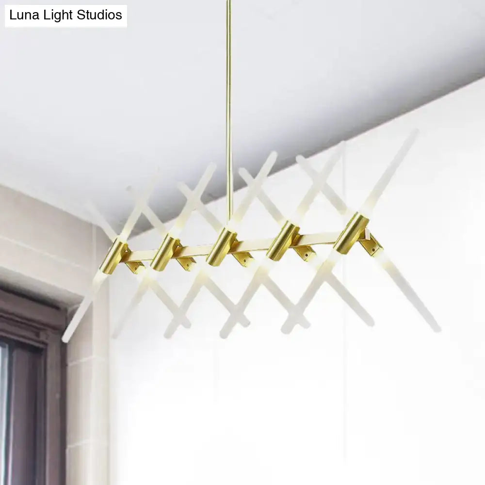 DecorBites contemporary tubular acrylic island light with 20 gold metal arms and translucent white glass rods in x pattern