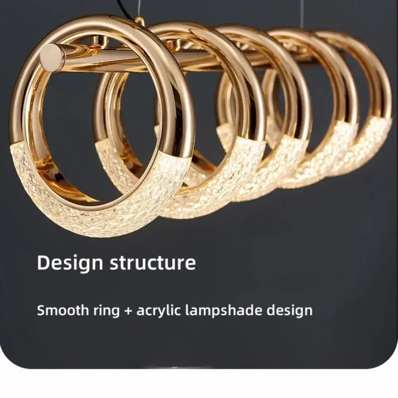 Modern gold acrylic led 6 ring pendant lights with smooth gold-toned ring and textured acrylic led pendant shades for dining room