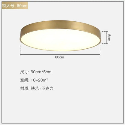 A modern gold acrylic led ceiling light with a brushed brass frame and frosted acrylic diffuser for living room