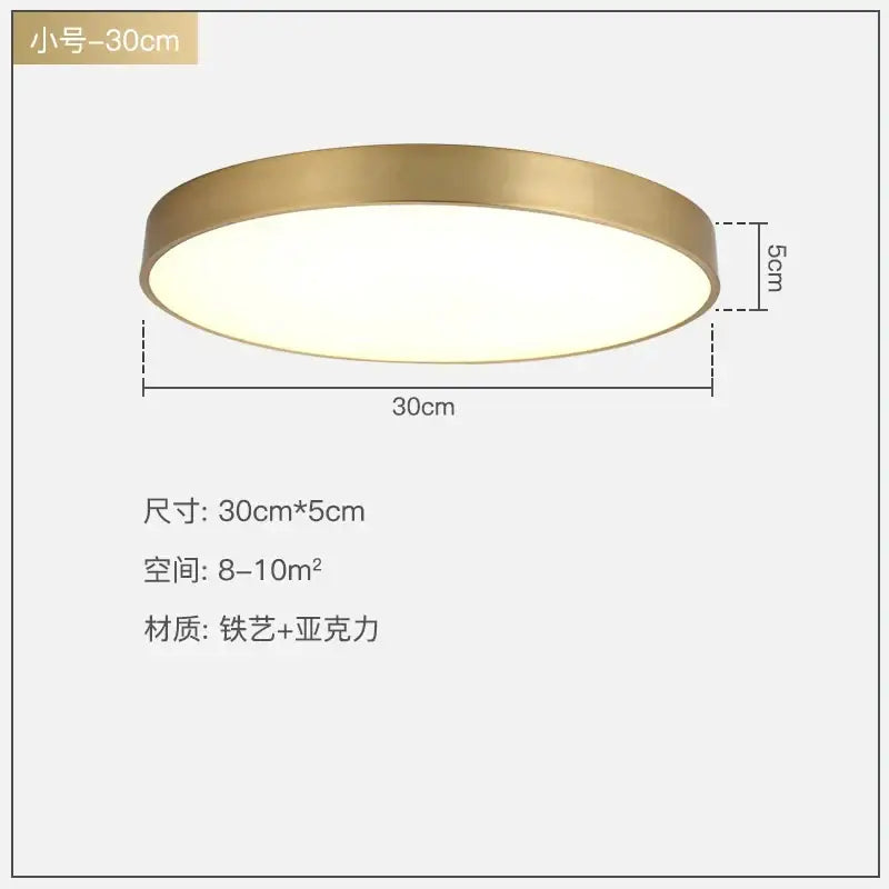 A sleek modern gold acrylic led ceiling light with brushed metal frame and soft white glow for living room