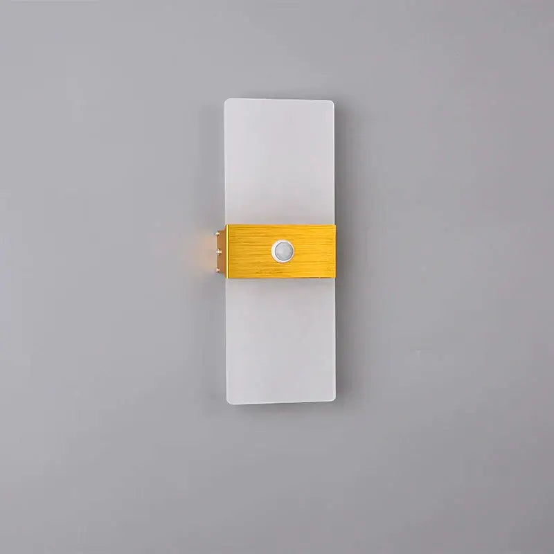 Modern gold acrylic led wall lamp with white frosted glass panel and golden accent bar by decorbites acrylic led wall