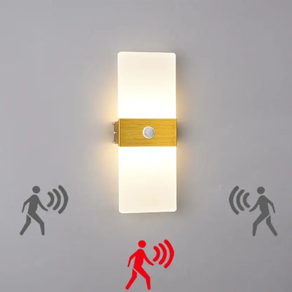 Modern gold acrylic led wall lamp featuring a warm glow, frosted diffuser panels, and a metallic sensor for bedroom decorbites acrylic led