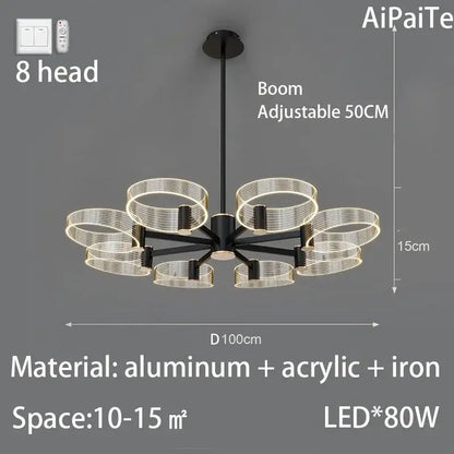Modern gold decorbites acrylic lustre chandelier with black and clear acrylic eight adjustable led lights for living room decor