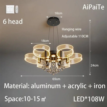 Modern six-head black aluminum and acrylic lustre chandelier with crystal pendants for living room decorbites acrylic lustre