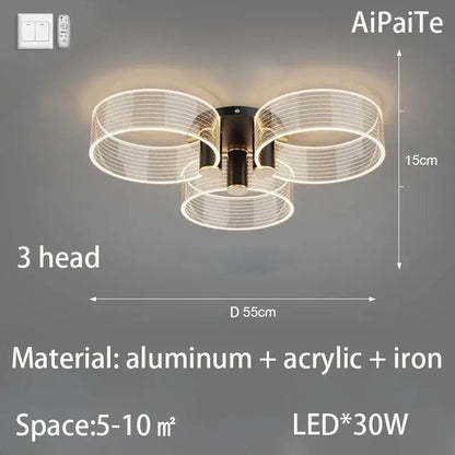 Modern gold acrylic lustre chandelier with three translucent acrylic rings and dark metal frame decorbites acrylic lustre