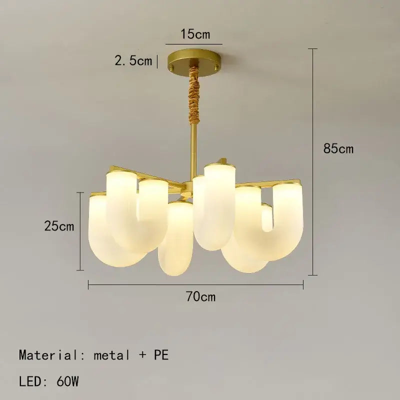 Modern gold acrylic pendant lights featuring gold metal chandelier with frosted white pe lampshades and twisted rope pendant