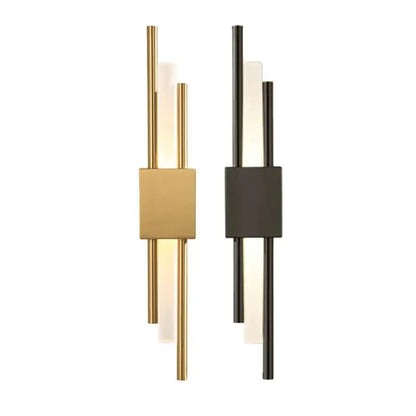 Modern gold acrylic pipe led wall lamp with sleek vertical black metal rods and frosted glass panels wall sconce