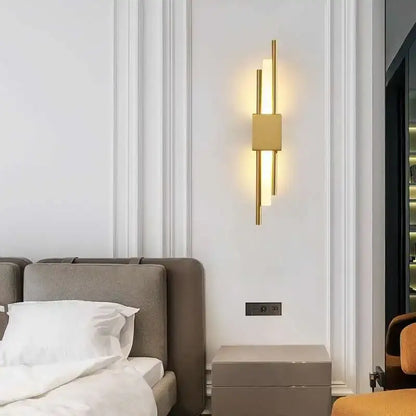 Modern gold acrylic pipe led wall lamp with vertical cylindrical rods and rectangular central panel wall sconce for bedroom