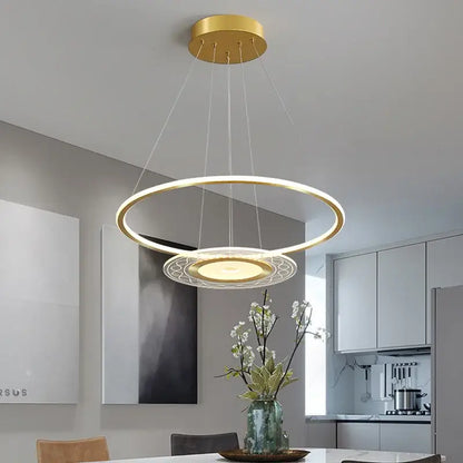 Modern gold acrylic remote control chandelier featuring a double-ring pendant design with integrated led lighting for dining room decorbites acrylic remote control