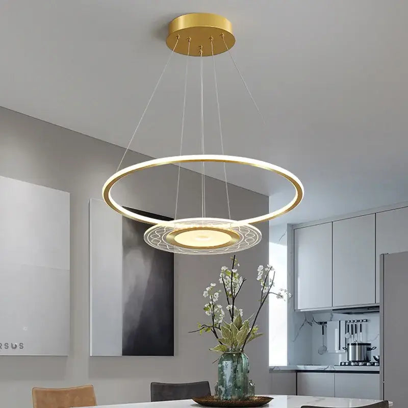Modern gold acrylic remote control chandelier featuring a double-ring pendant design with integrated led lighting for dining room decorbites acrylic remote control