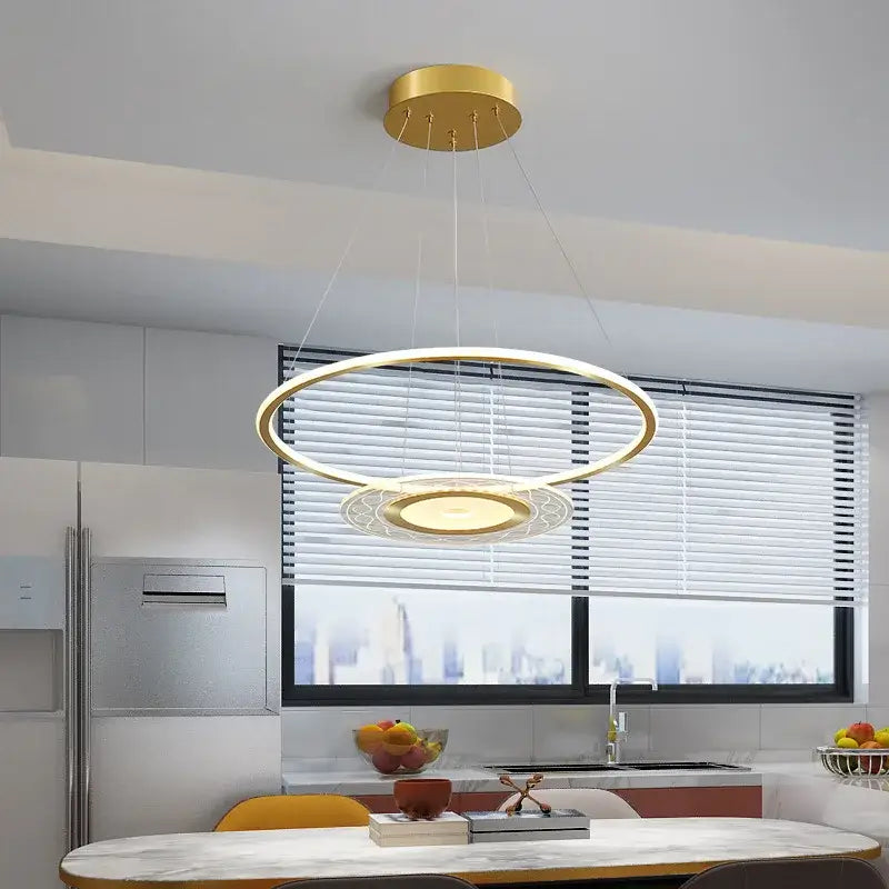 Modern gold acrylic remote control double-ring pendant light with sleek minimalist design for dining room decorbites acrylic remote