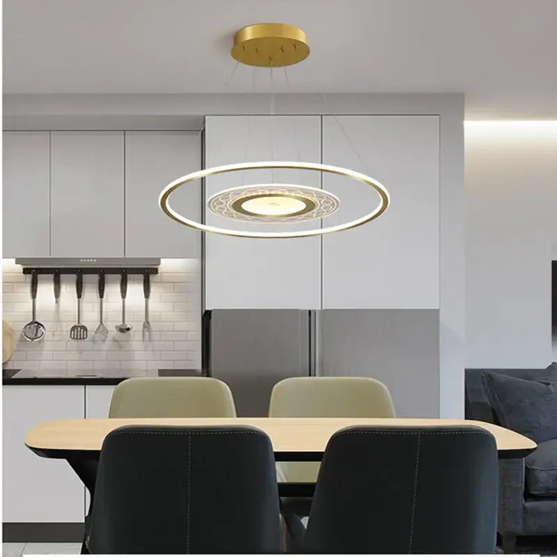 Modern gold acrylic remote control chandelier with a sleek circular pendant light featuring an illuminated central ring