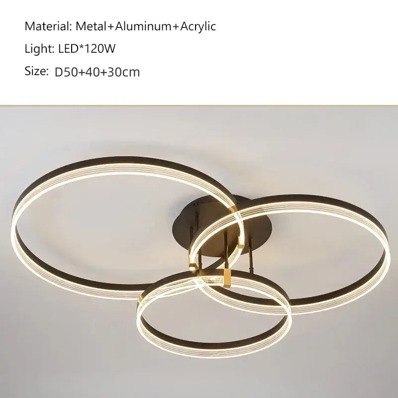 Modern gold acrylic round ring ceiling light with three interlocking metal rings for living room decorbites acrylic round