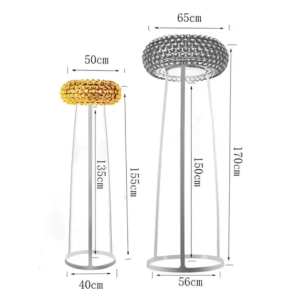 Modern gold acrylic rs7 bulb pendant lights with gold and silver textured circular tops on tall slender metal stands