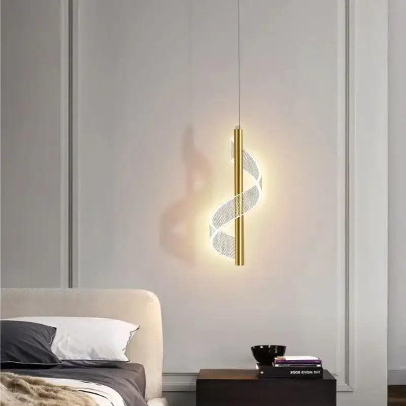 Modern gold acrylic spiral pendant lamp with mesh design and warm glowing illumination for bedroom decorbites acrylic spiral