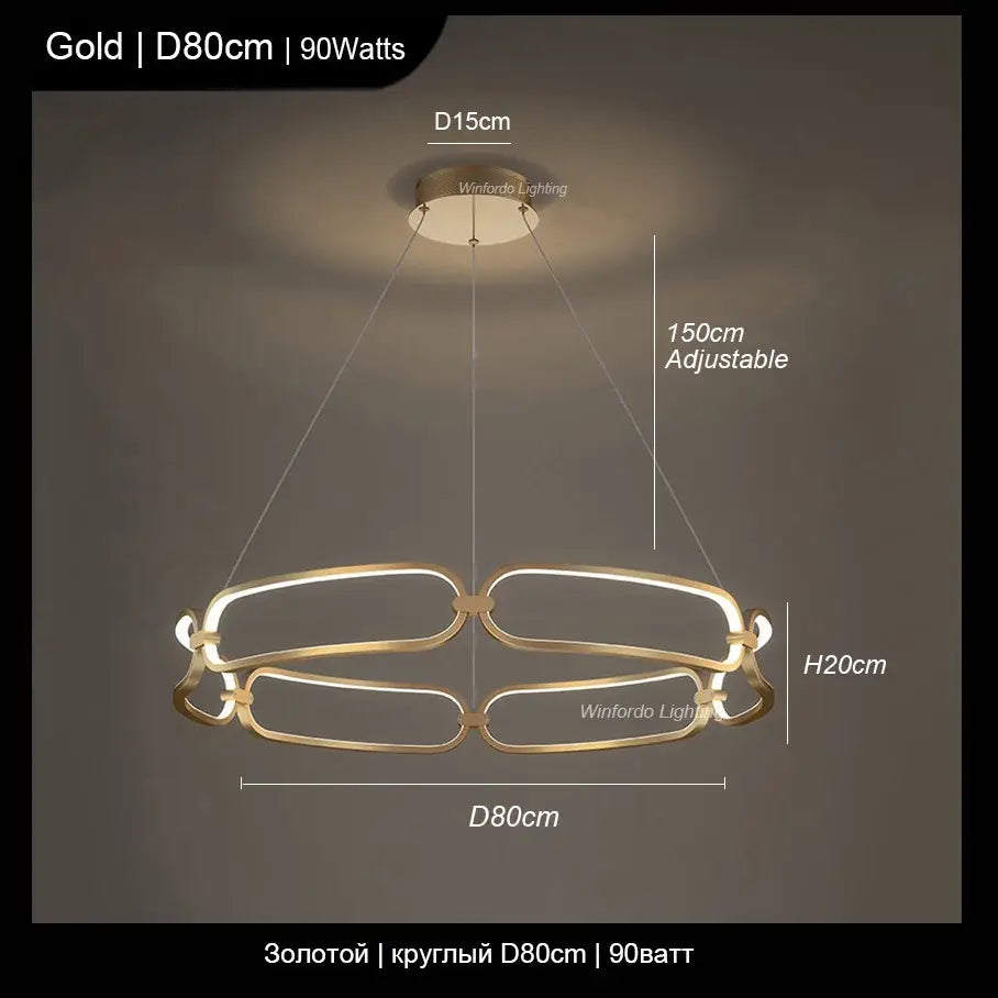 Gold-colored modern pendant ceiling light with three interconnected oval frames and integrated led lighting for luxury led chandelier decorbites adara luxury