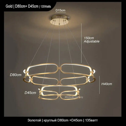 Modern gold adara luxury led chandelier with three interlocking oval rings and adjustable hanging length for dining room decorbites adara luxury