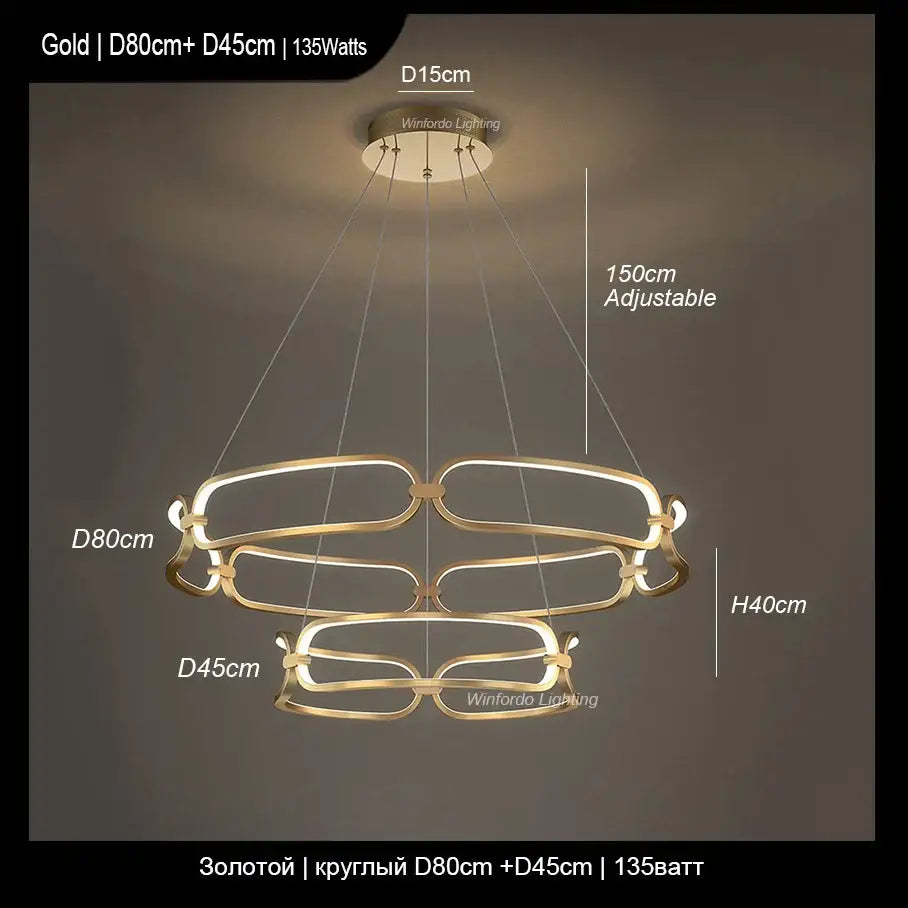 Modern gold adara luxury led chandelier with three interlocking oval rings and adjustable hanging length for dining room decorbites adara luxury