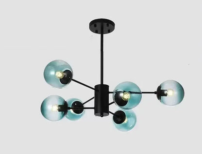 Modern black metal chandelier with six translucent teal glass globes featuring decorbites adjustable ball glass lustre design